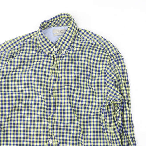 Mango Mens Blue Plaid Cotton  Button-Up Size S Collared Button