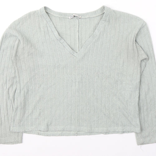 Zara Womens Green  Polyester Jersey T-Shirt Size S V-Neck
