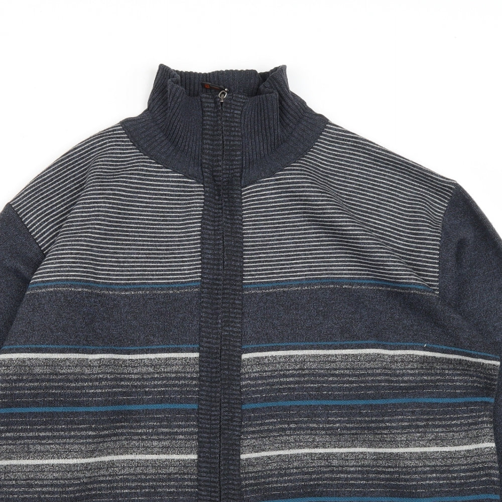 Jinhaolai Mens Blue High Neck Striped Polyester Cardigan Jumper Size 2XL