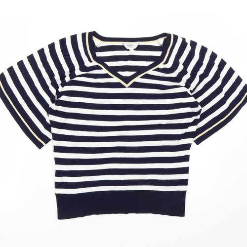 M&Co Womens Blue V-Neck Striped Viscose Pullover Jumper Size M