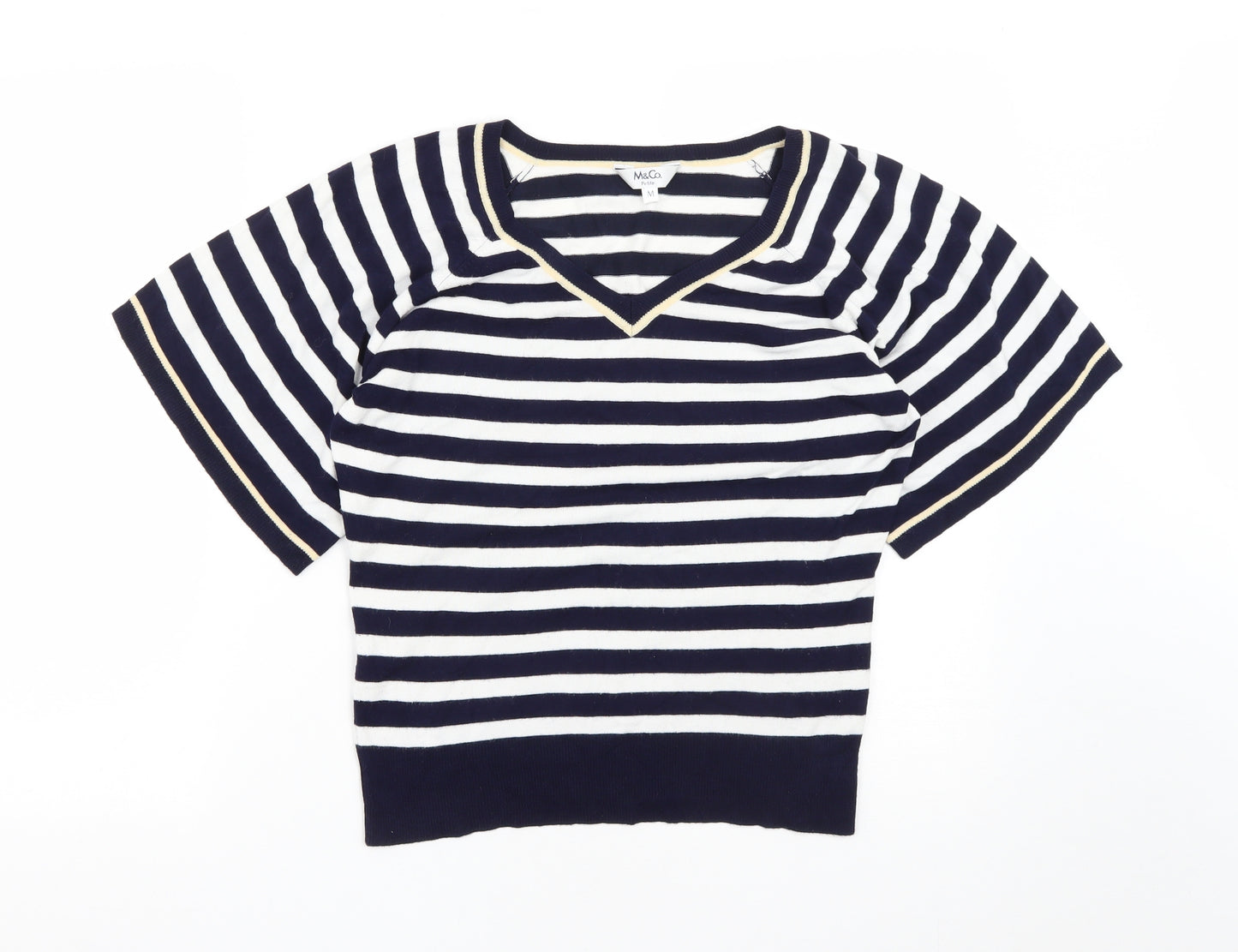 M&Co Womens Blue V-Neck Striped Viscose Pullover Jumper Size M