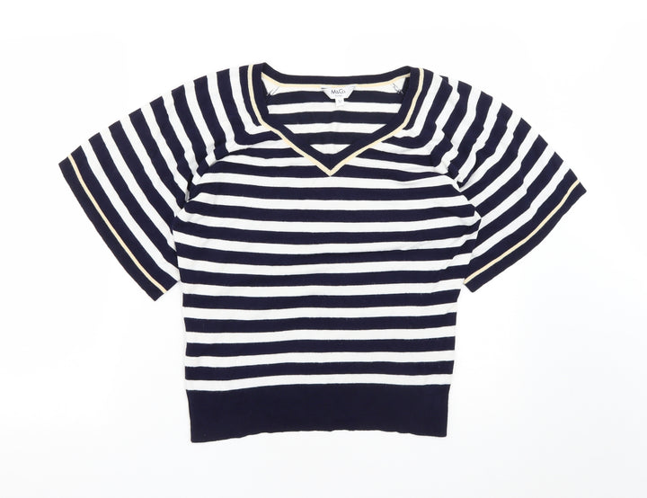 M&Co Womens Blue V-Neck Striped Viscose Pullover Jumper Size M
