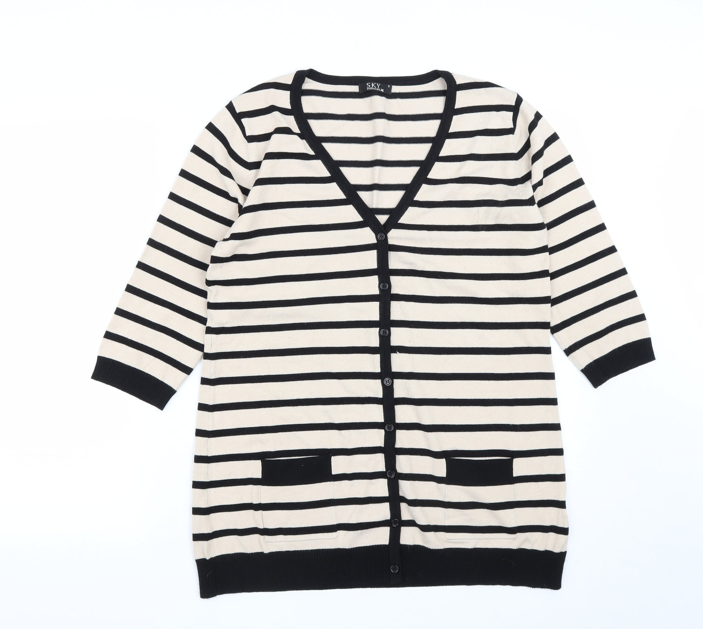 Sky Womens Black V-Neck Striped Viscose Cardigan Jumper Size M