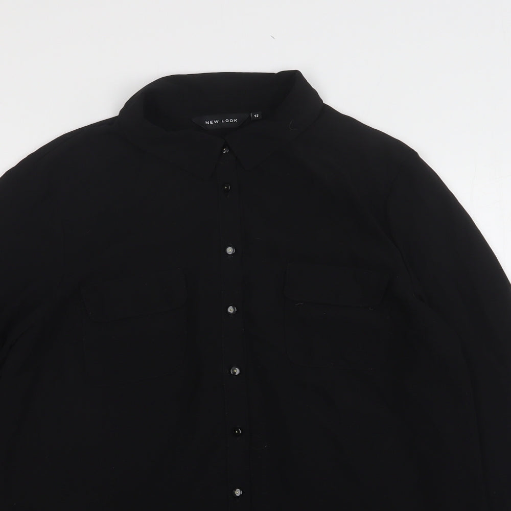 New Look Womens Black  Polyester Basic Button-Up Size 12 Collared