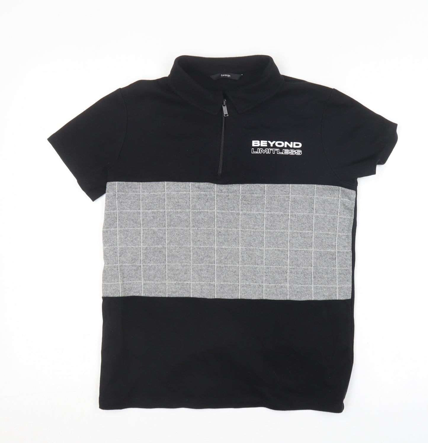 George Boys Black  Cotton Basic T-Shirt Size 14-15 Years Collared