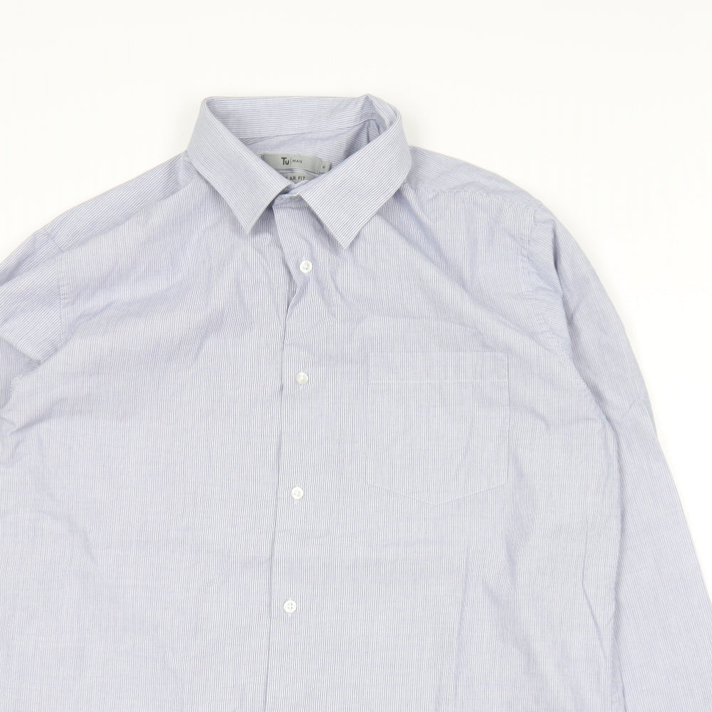 TU Mens Blue Striped Cotton  Dress Shirt Size 16 Collared