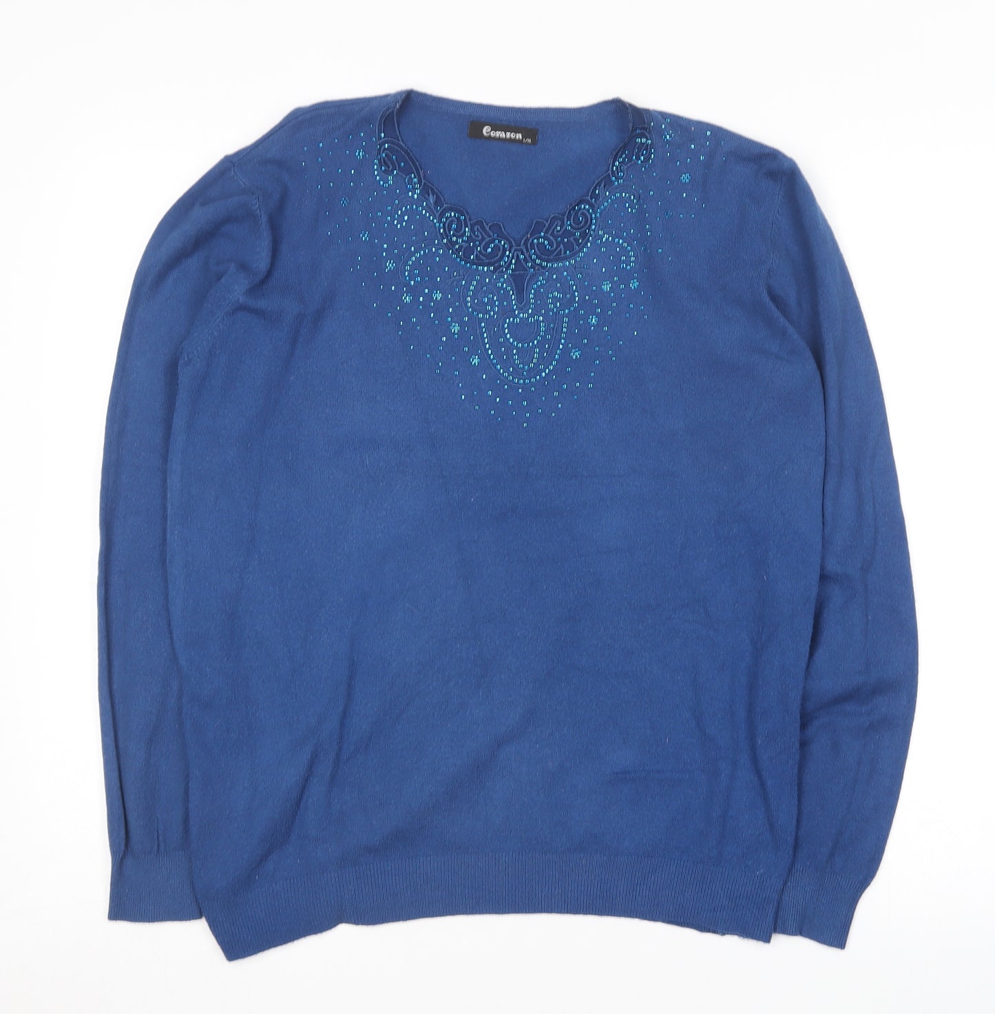 Corazon Womens Blue Round Neck  Wool Pullover Jumper Size L