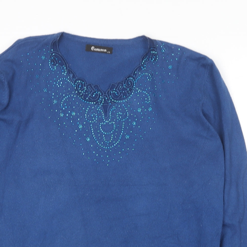 Corazon Womens Blue Round Neck  Wool Pullover Jumper Size L