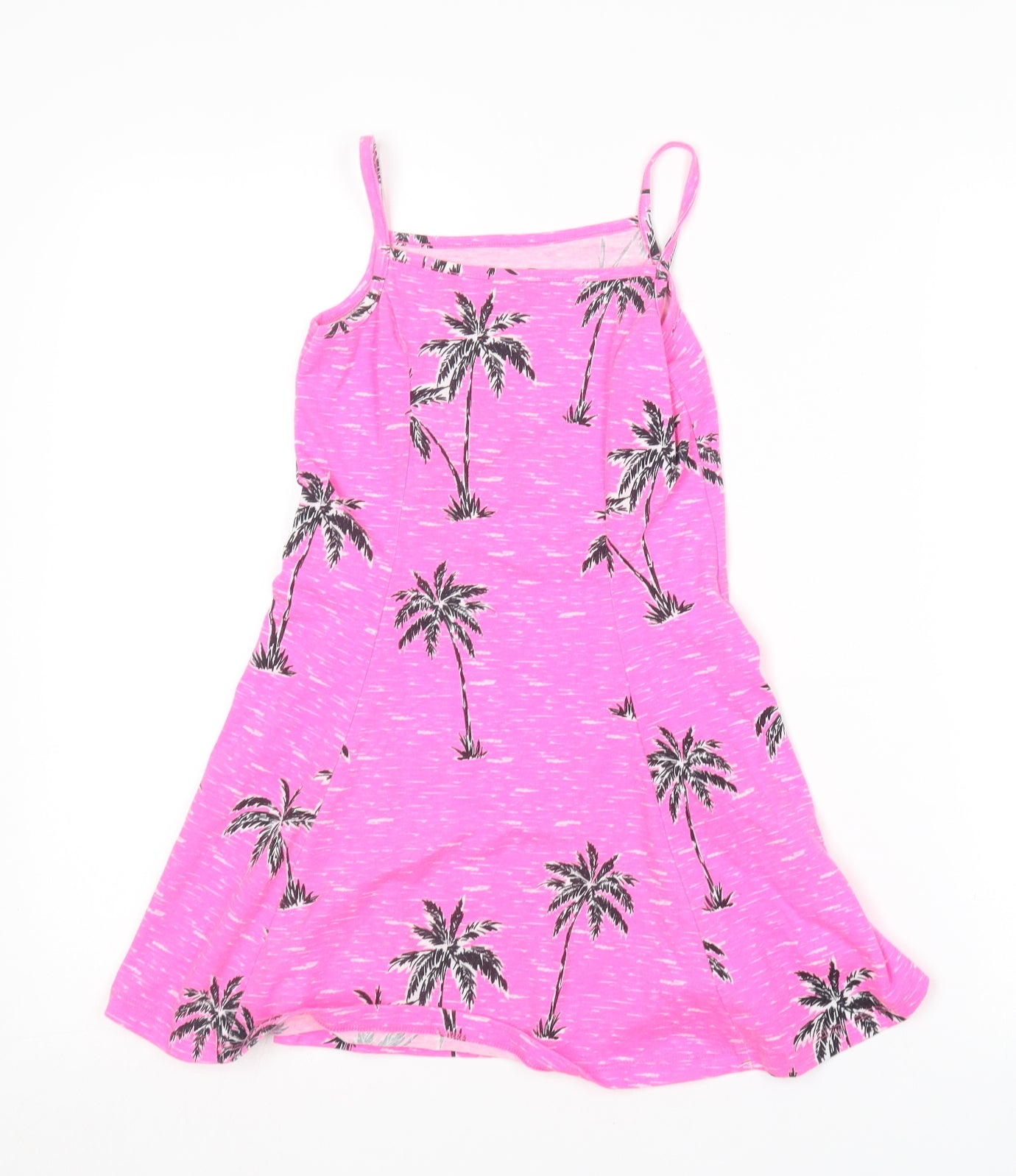 F&F Girls Pink  Cotton Skater Dress  Size 7-8 Years  Square Neck  - Palm tree