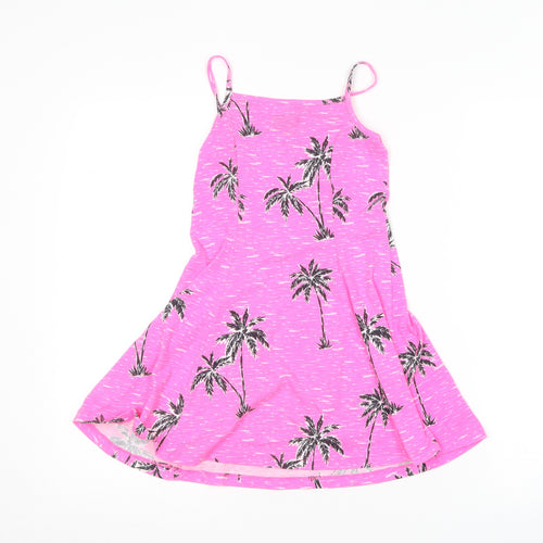 F&F Girls Pink  Cotton Skater Dress  Size 7-8 Years  Square Neck  - Palm tree
