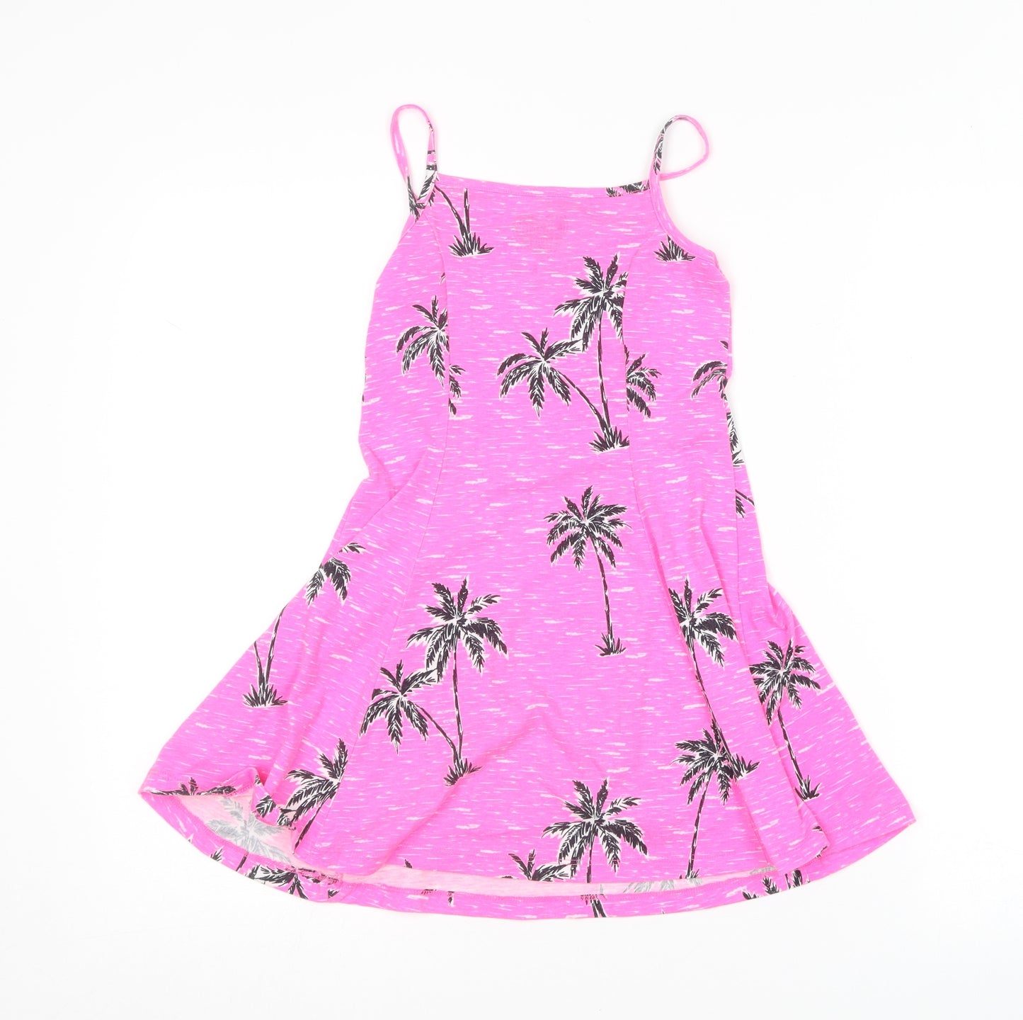 F&F Girls Pink  Cotton Skater Dress  Size 7-8 Years  Square Neck  - Palm tree