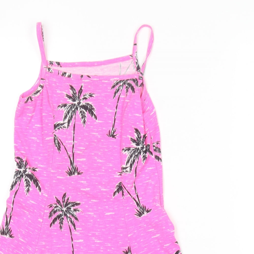 F&F Girls Pink  Cotton Skater Dress  Size 7-8 Years  Square Neck  - Palm tree