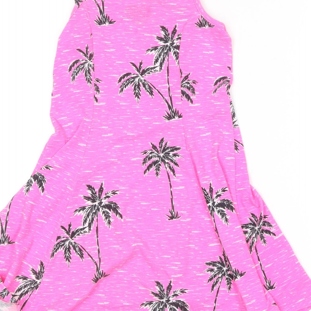 F&F Girls Pink  Cotton Skater Dress  Size 7-8 Years  Square Neck  - Palm tree