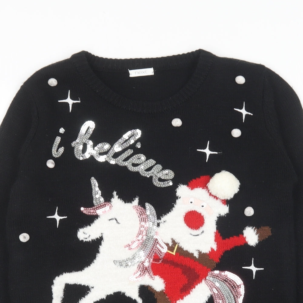 NEXT Girls Black Round Neck  Acrylic Pullover Jumper Size 10 Years   - Christmas Unicorn