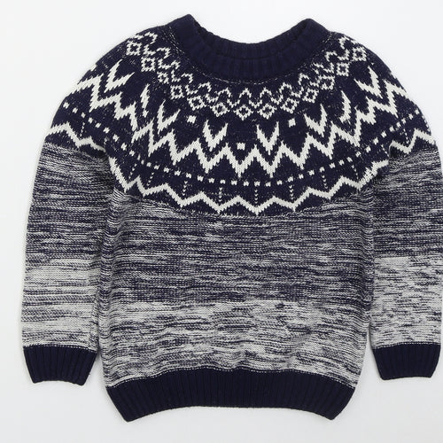 Matalan Boys Blue Crew Neck Fair Isle Cotton Pullover Jumper Size 8-9 Years  Pullover