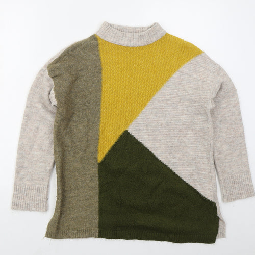 M&Co Womens Beige Mock Neck  Acrylic Pullover Jumper Size 10   - Colour Block
