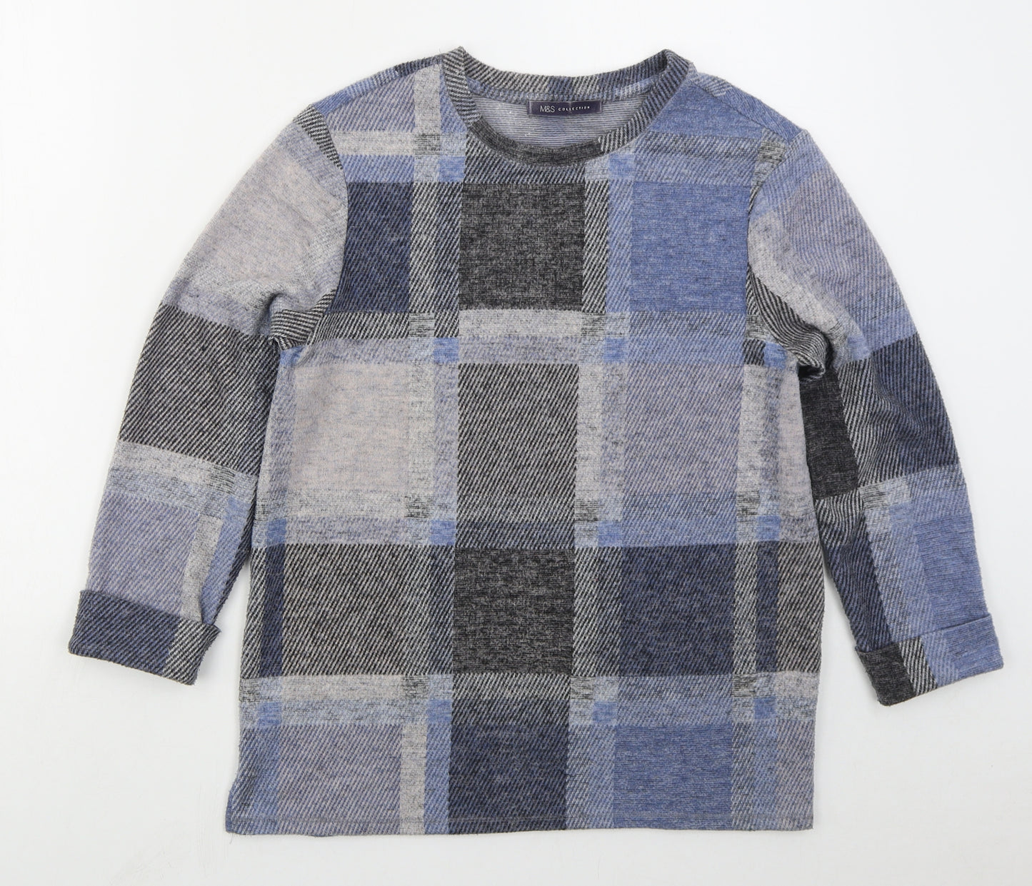 Marks and Spencer Womens Blue Crew Neck Check Polyester Pullover Jumper Size 10
