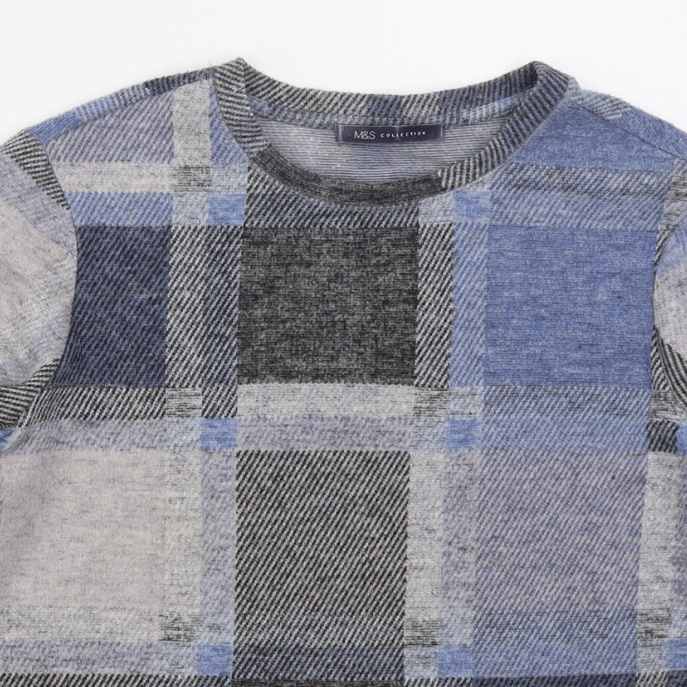 Marks and Spencer Womens Blue Crew Neck Check Polyester Pullover Jumper Size 10