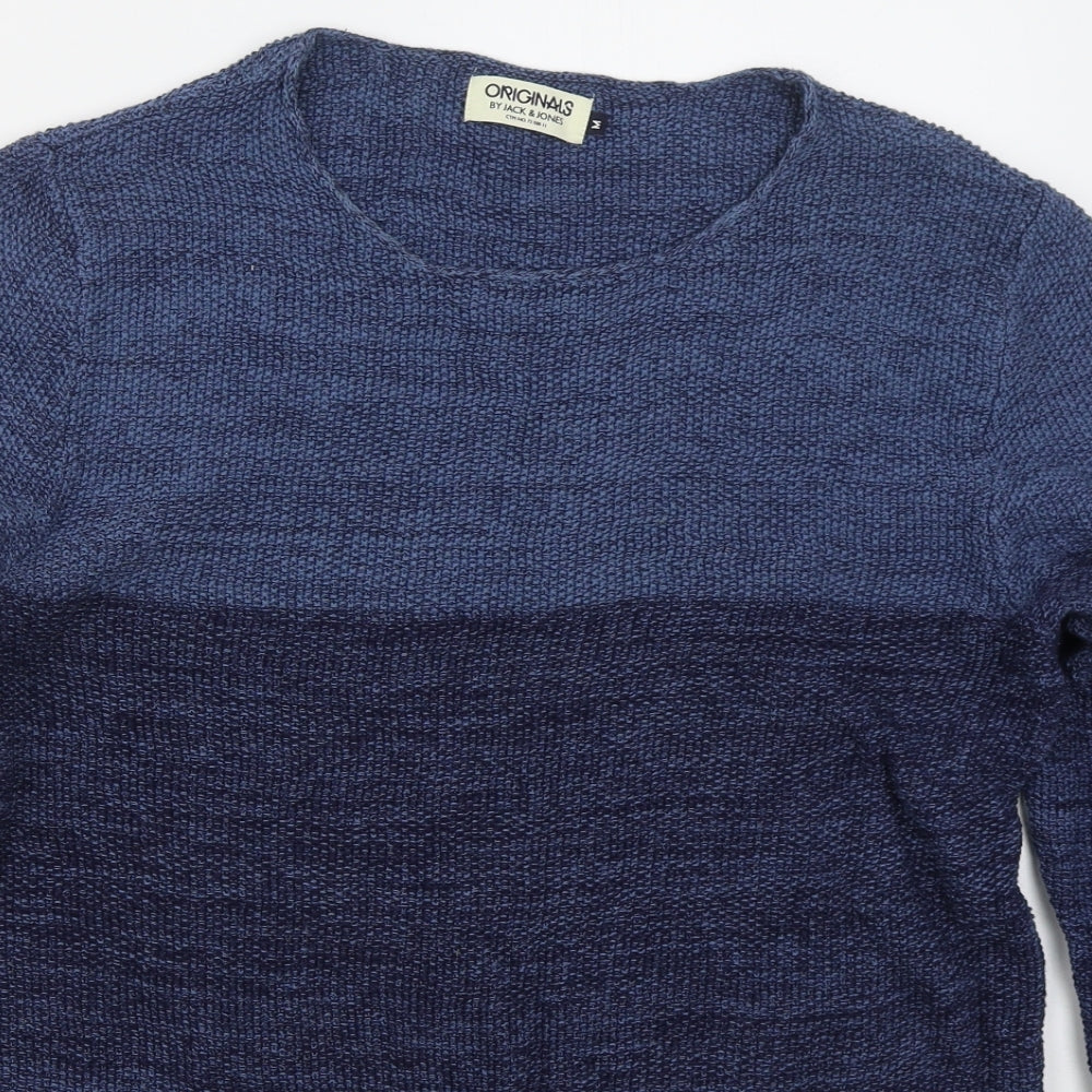 JACK & JONES Mens Blue Round Neck Striped Cotton Pullover Jumper Size M