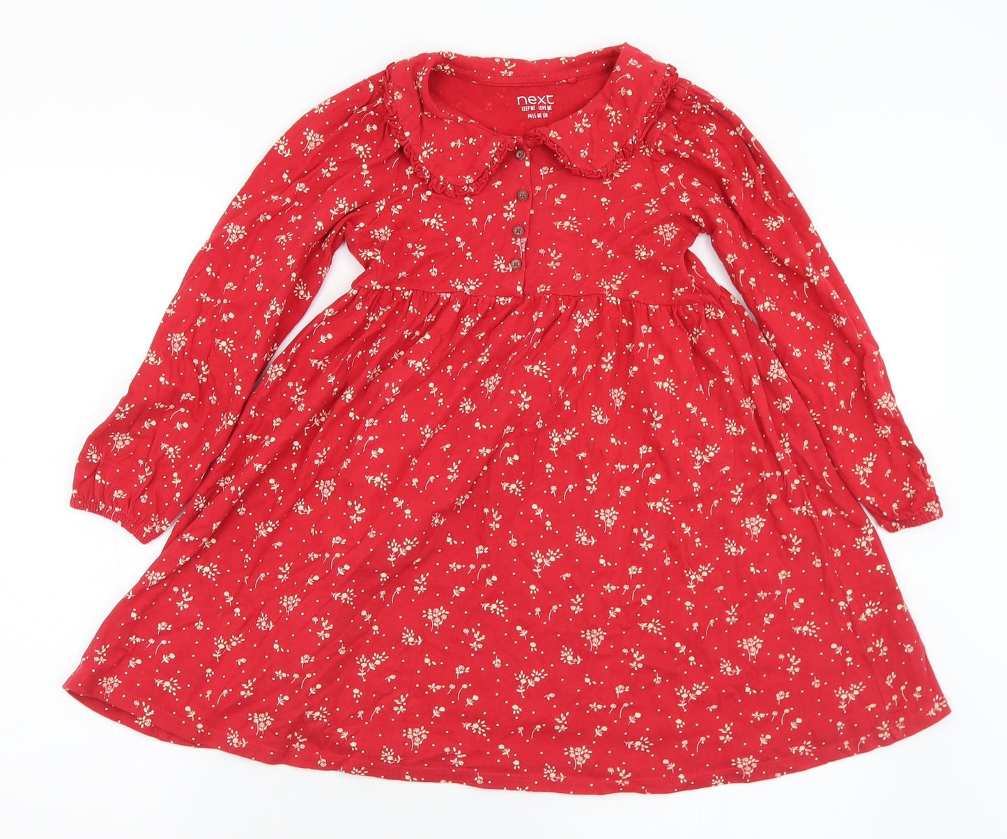 NEXT Girls Red Floral Cotton A-Line  Size 6-7 Years  Collared Button