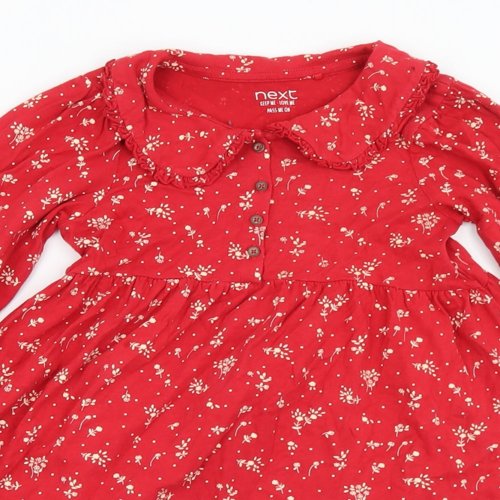 NEXT Girls Red Floral Cotton A-Line  Size 6-7 Years  Collared Button