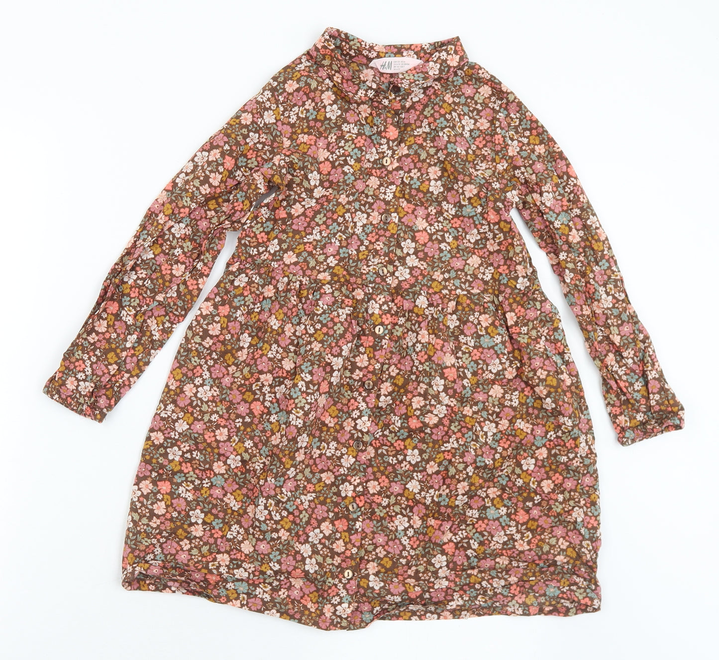 H&M Girls Multicoloured Floral Cotton A-Line  Size 6-7 Years  Collared Button