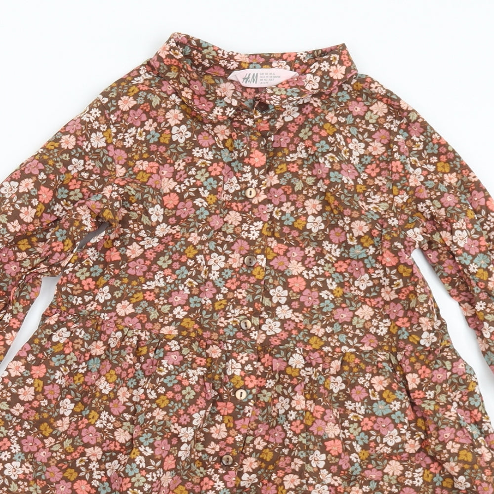 H&M Girls Multicoloured Floral Cotton A-Line  Size 6-7 Years  Collared Button