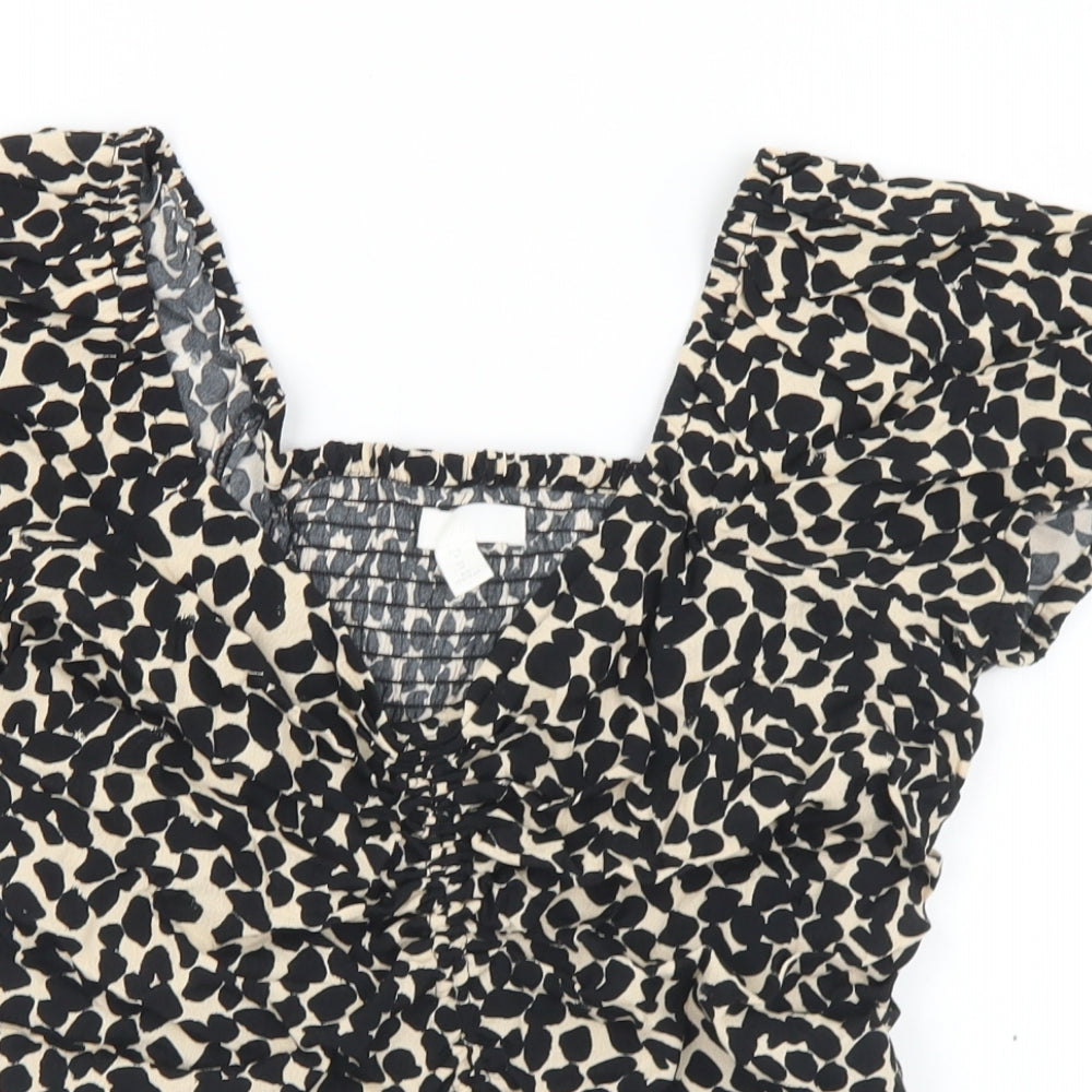 H&M Womens Black Geometric Viscose Cropped Blouse Size M Square Neck