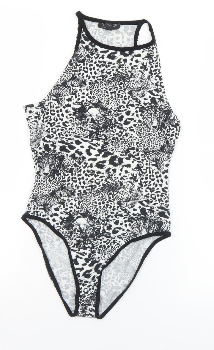 Topshop Womens Black Animal Print Polyester Bodysuit One-Piece Size 8  Snap