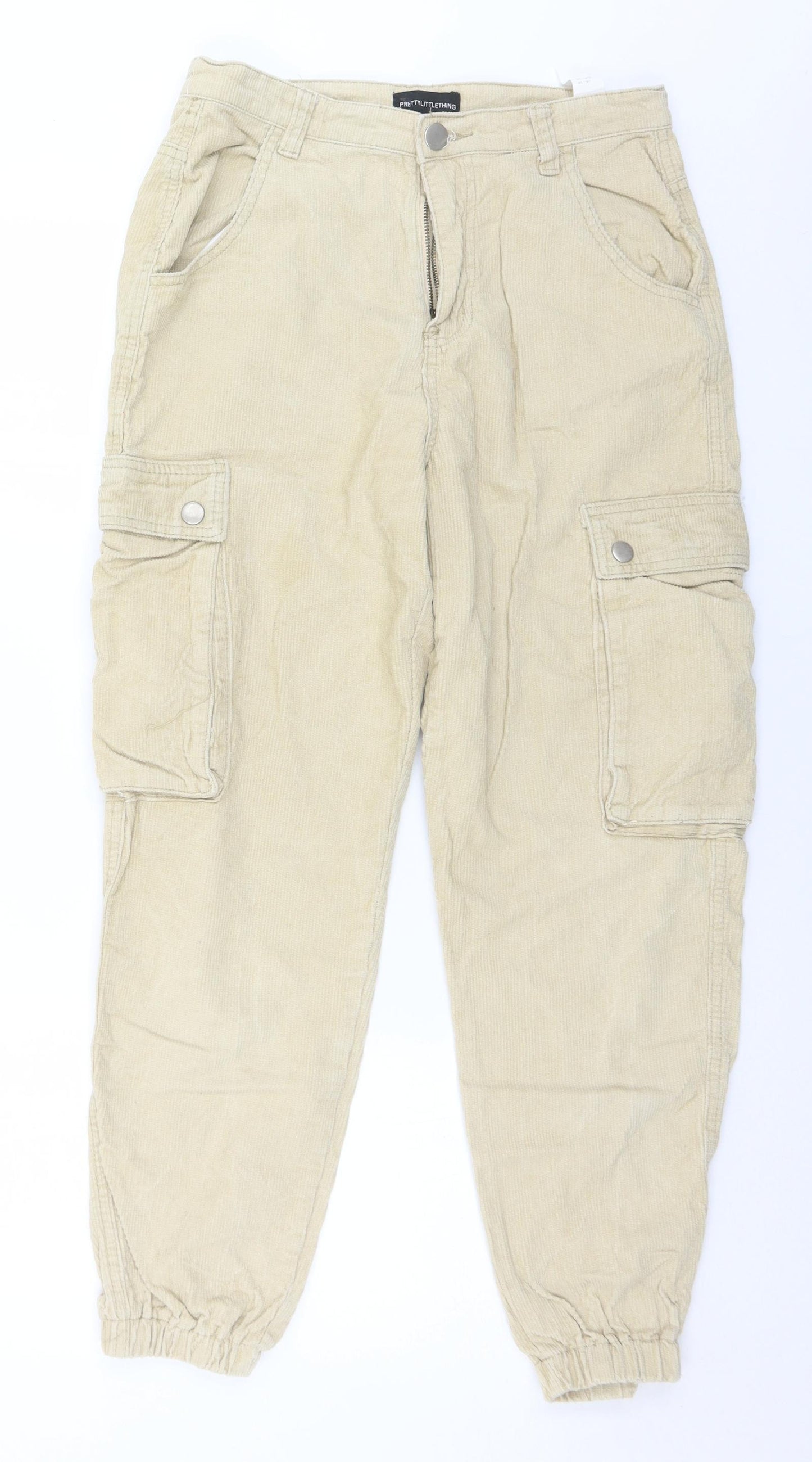 PRETTYLITTLETHING Womens Beige  Cotton Cargo Trousers Size 10 L28 in Regular Button