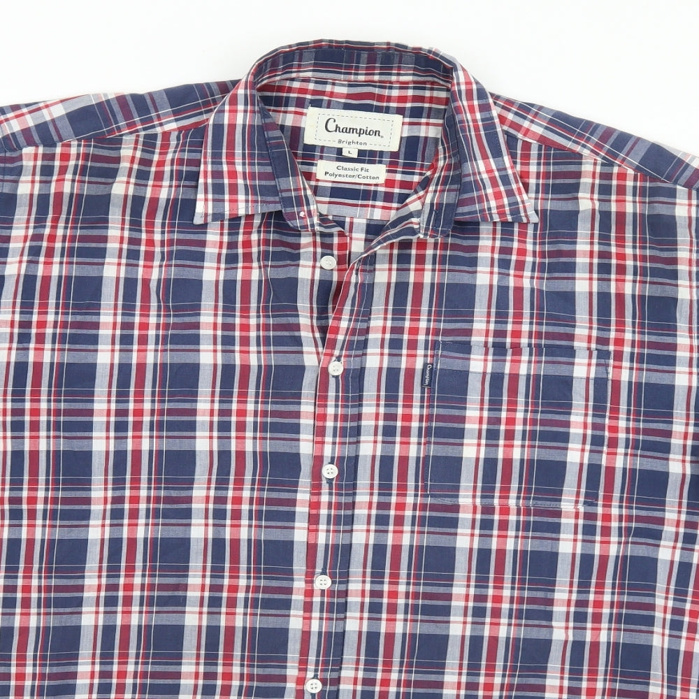 Champion Mens Multicoloured Plaid Polyester  Button-Up Size L Collared Button