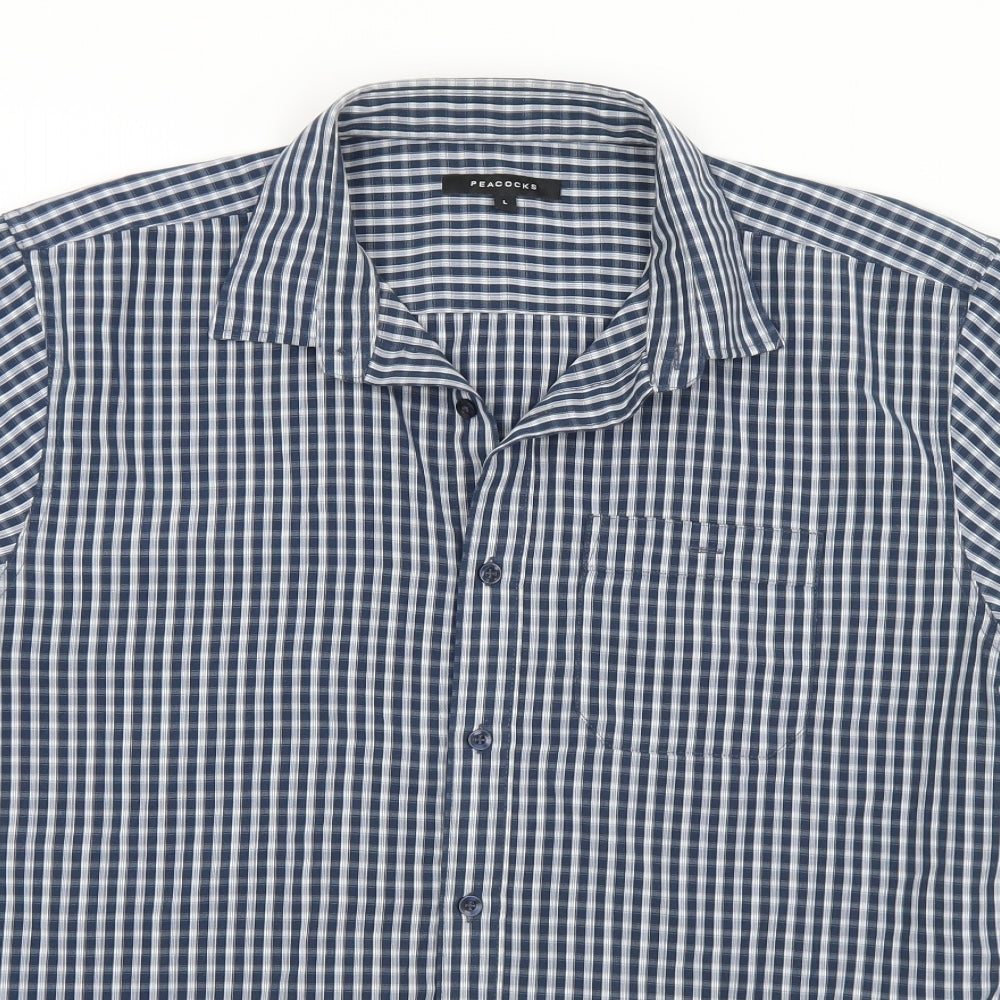 Peacocks  Mens Blue Check Polyester  Button-Up Size L Collared Button