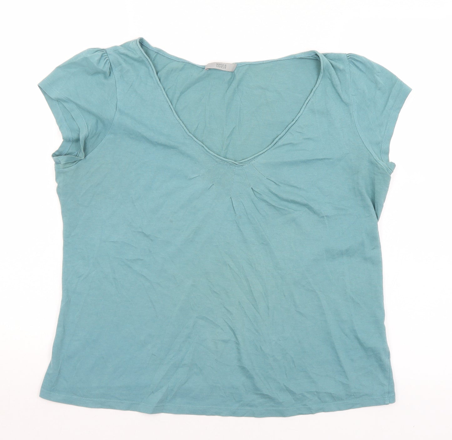 Marks and Spencer Womens Blue  Cotton Basic T-Shirt Size 16 V-Neck