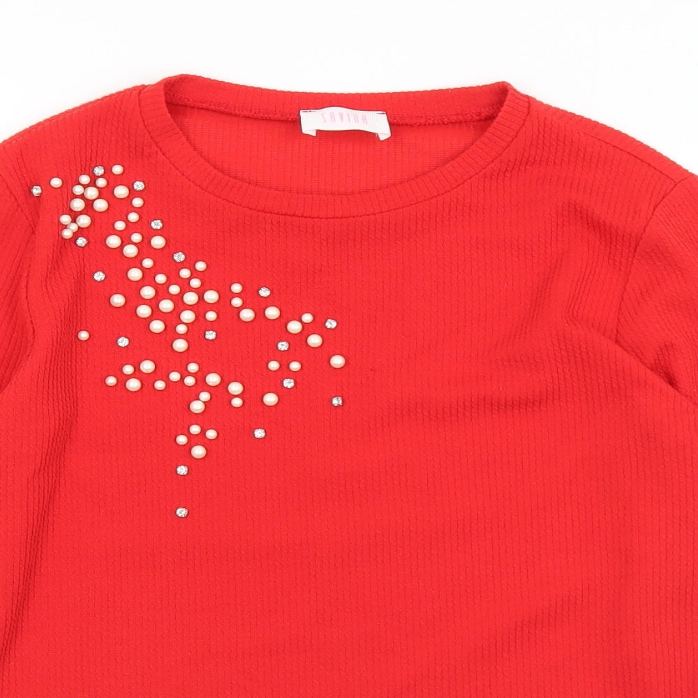 Savida Womens Red Round Neck  Polyacrylate Fibre Pullover Jumper Size L   - Bead detail