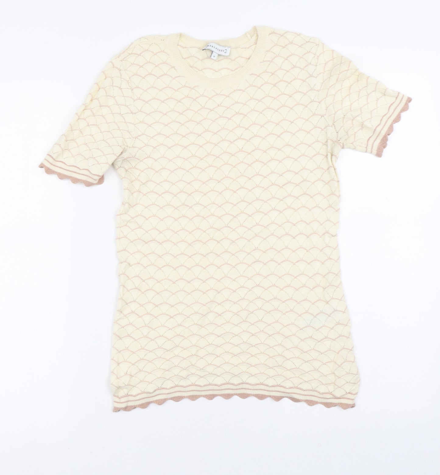 Warehouse Womens Yellow Geometric Cotton Basic Blouse Size 10 Crew Neck