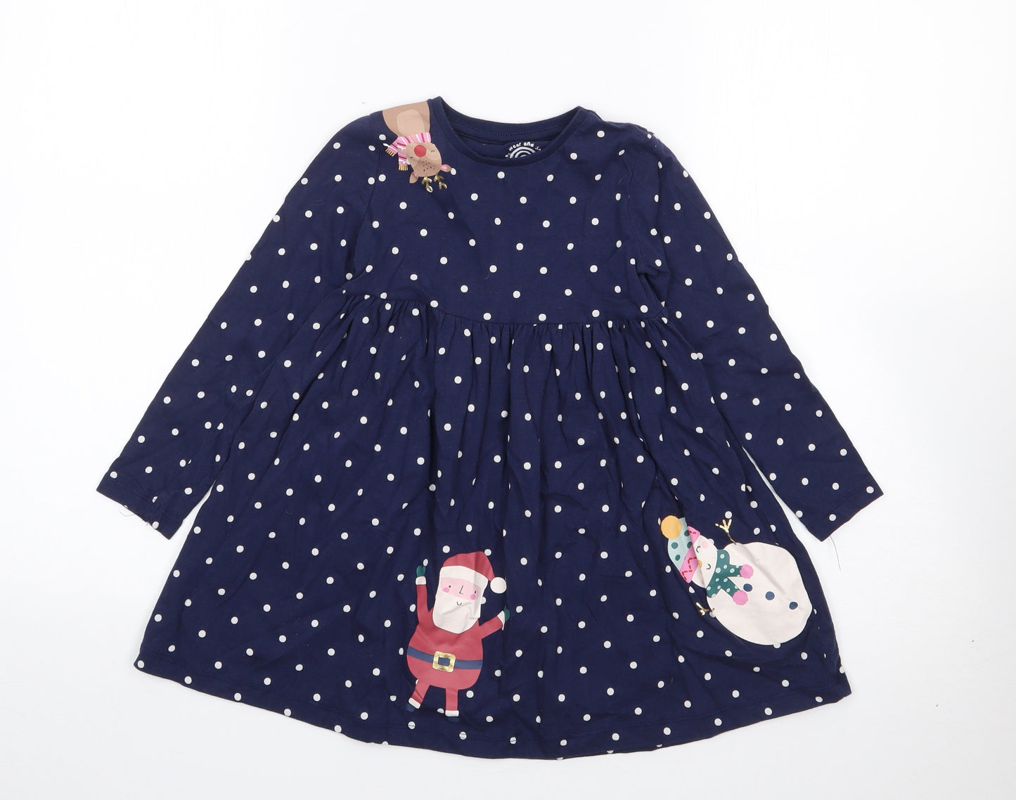 F&F Girls Blue Polka Dot Cotton Fit & Flare  Size 4-5 Years  Crew Neck Pullover - Christmas