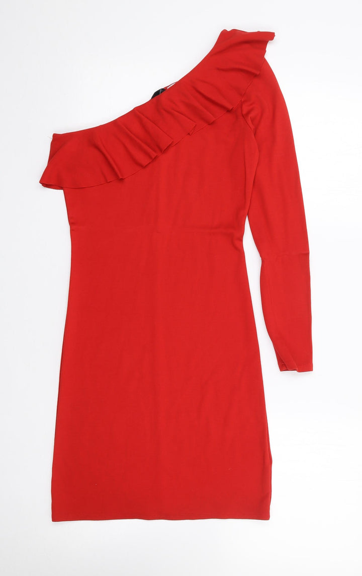 H&M Womens Red Viscose Bodycon Size 10 One Shoulder Pullover