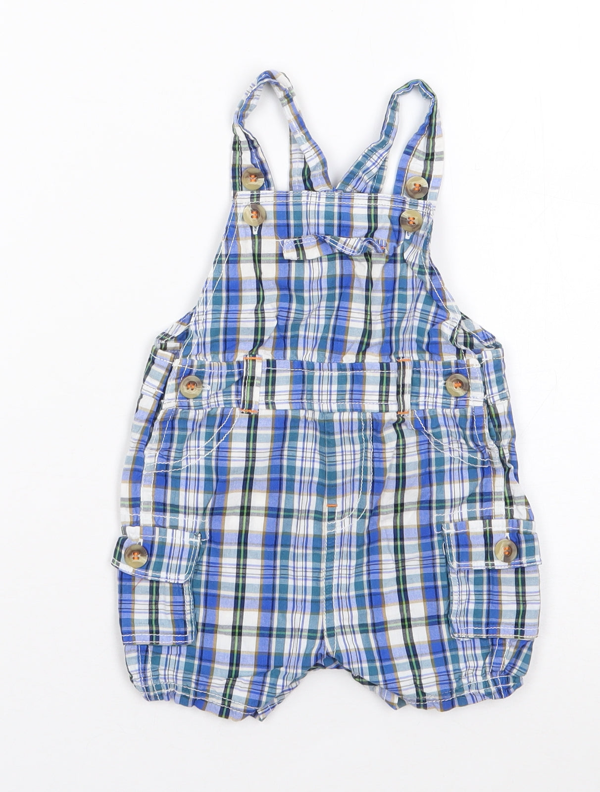Mini Club Boys Blue Plaid Cotton Dungaree One-Piece Size 3-6 Months  Snap
