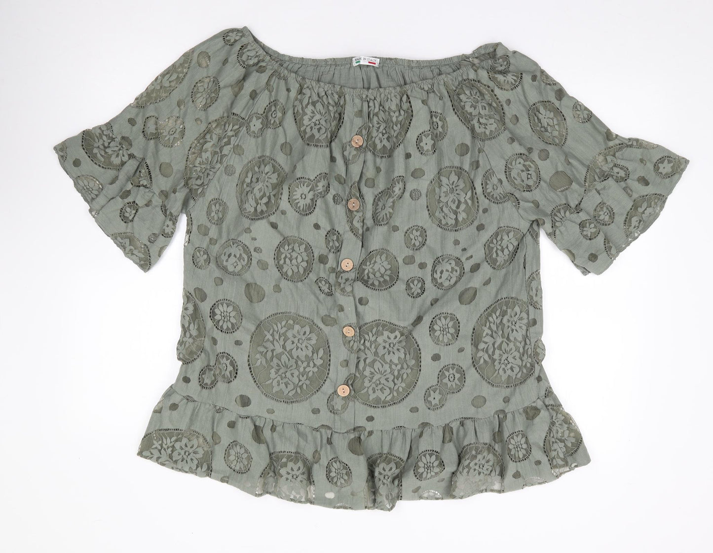 Made in Italy  Womens Green Floral Cotton Tunic T-Shirt Size M Off the Shoulder