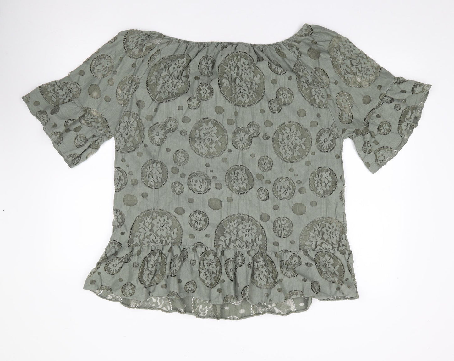 Made in Italy  Womens Green Floral Cotton Tunic T-Shirt Size M Off the Shoulder