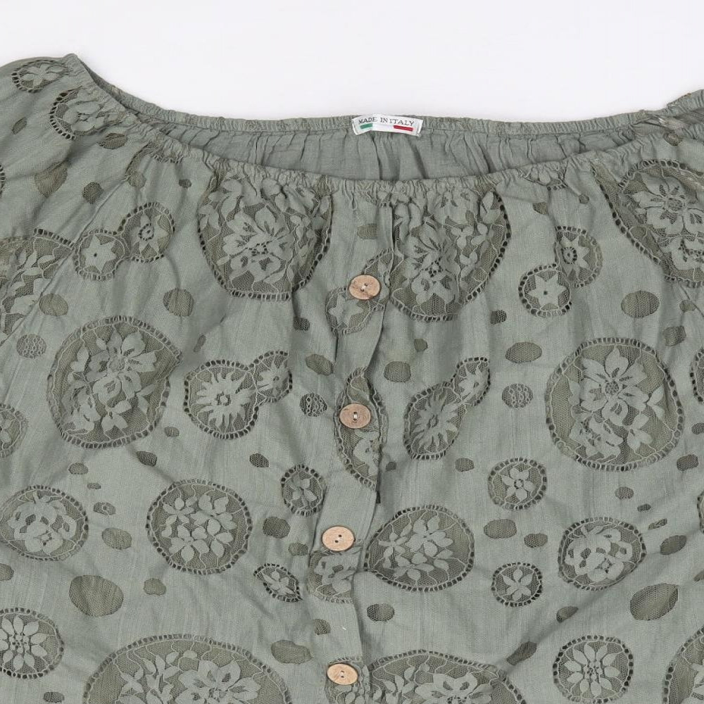 Made in Italy  Womens Green Floral Cotton Tunic T-Shirt Size M Off the Shoulder