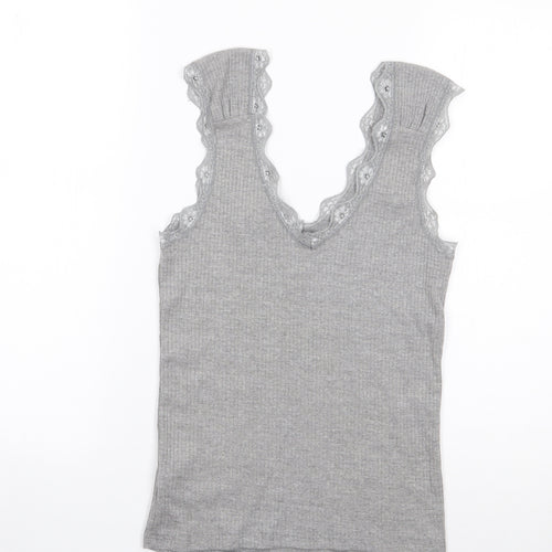 River Island Womens Grey  Cotton Jersey T-Shirt Size 10 V-Neck - Ribbed