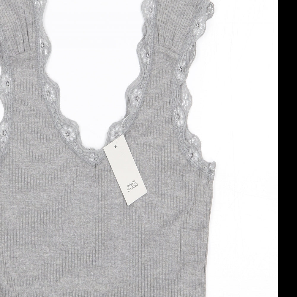 River Island Womens Grey  Cotton Jersey T-Shirt Size 10 V-Neck - Ribbed
