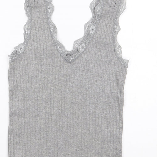 River Island Womens Grey  Cotton Jersey T-Shirt Size 10 V-Neck - Ribbed