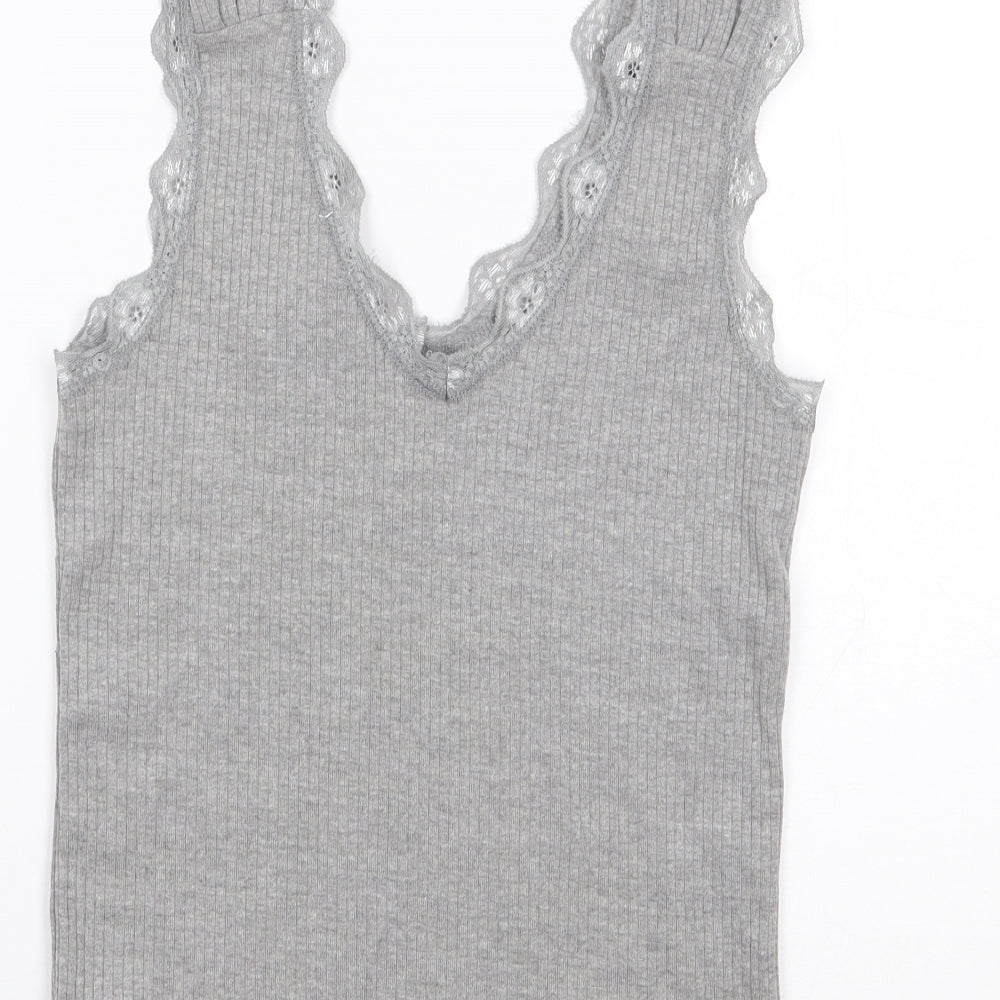 River Island Womens Grey  Cotton Jersey T-Shirt Size 10 V-Neck - Ribbed