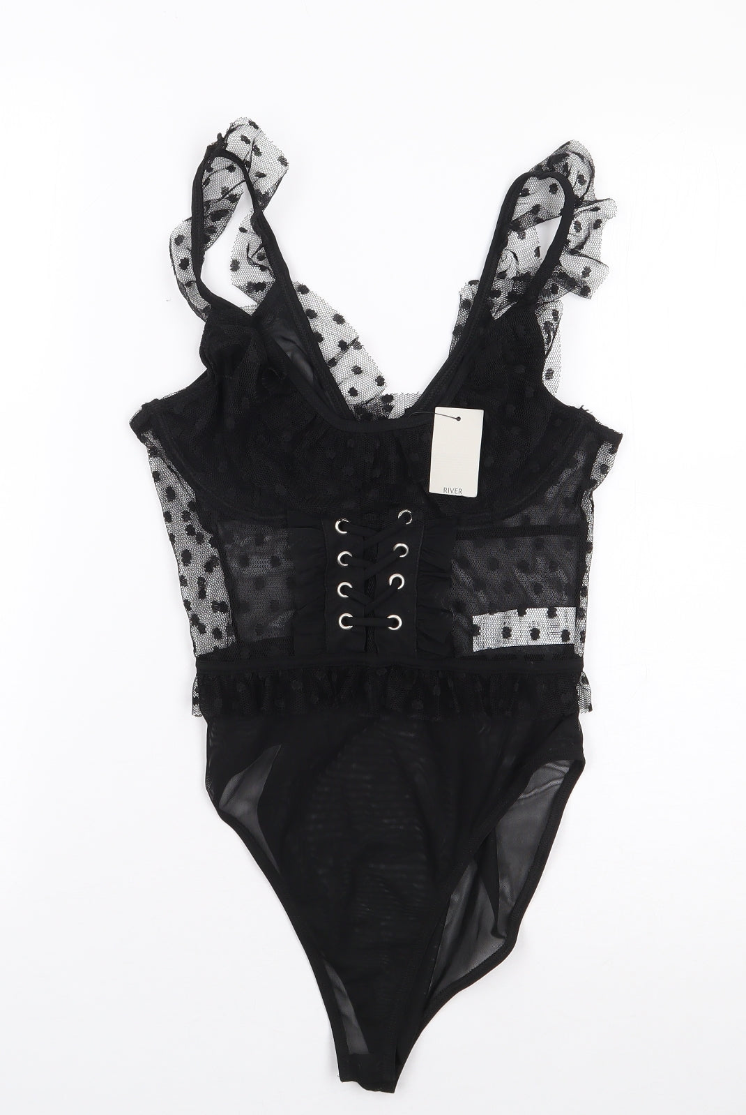 River Island Womens Black Polka Dot Polyester Bodysuit One-Piece Size 10  Snap