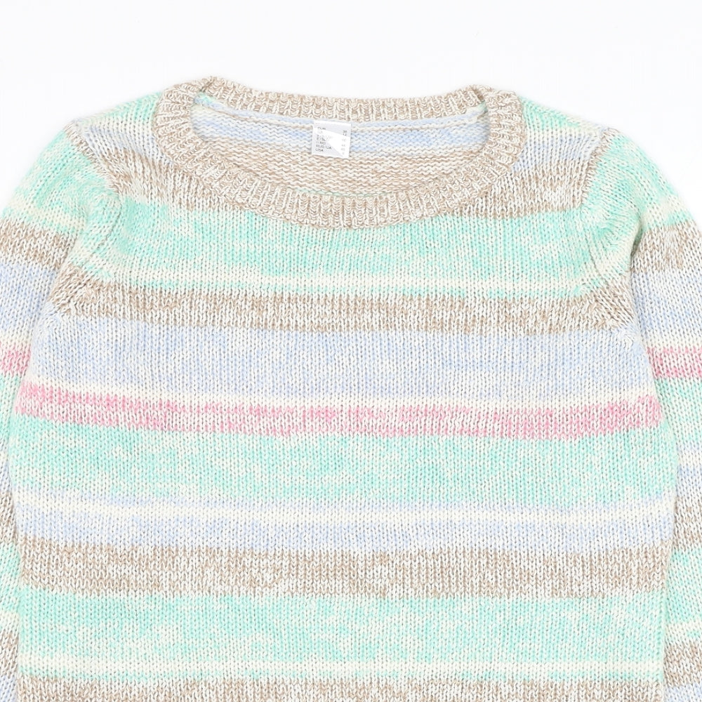 Preworn Womens Green Round Neck Striped Acrylic Pullover Jumper Size 12