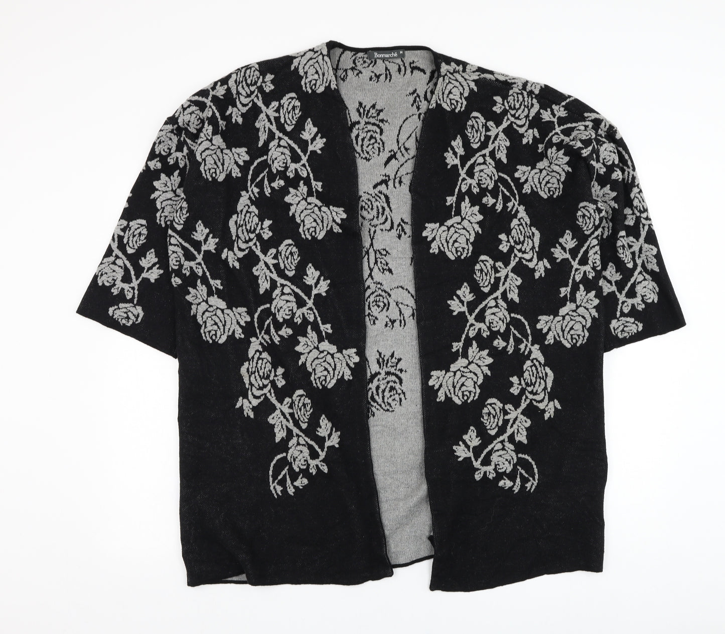 Bonmarché Womens Black Square Neck Floral Cotton Cardigan Jumper Size M