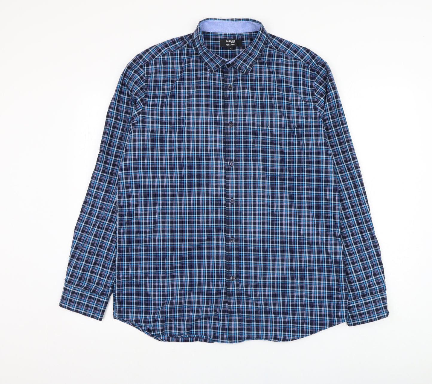 Dunnes Stores Mens Blue Plaid Polyester  Dress Shirt Size L Collared Button