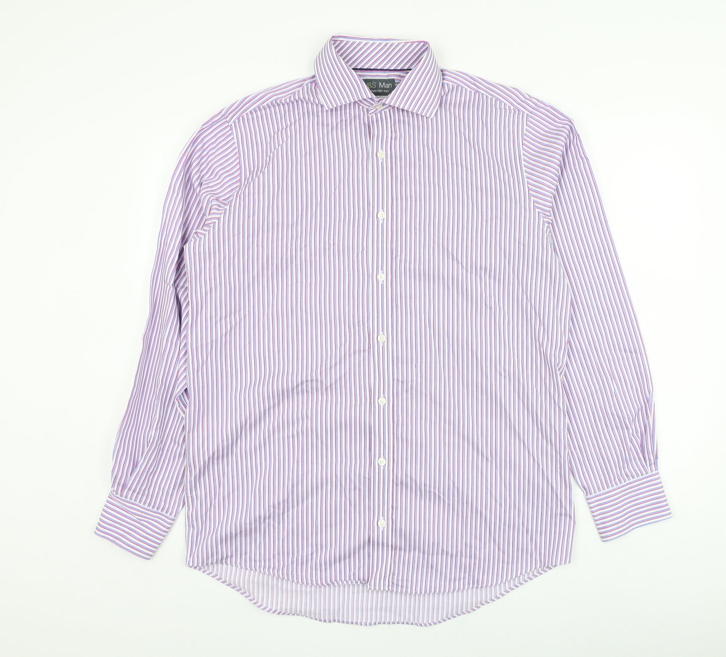 Marks and Spencer Mens White Striped Cotton  Dress Shirt Size 15.5 Collared Button